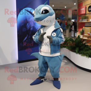 nan Swordfish mascot costume character dressed with a Capri Pants and Smartwatches