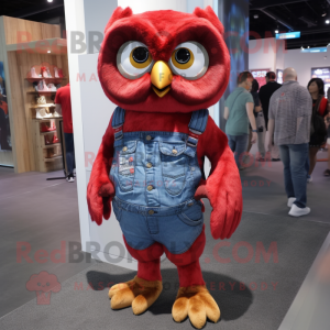 Red Owl mascot costume character dressed with a Denim Shorts and Foot pads