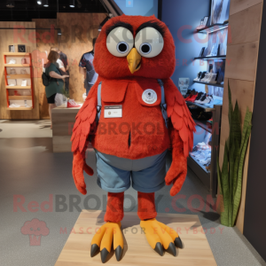 Red Owl mascot costume character dressed with a Denim Shorts and Foot pads