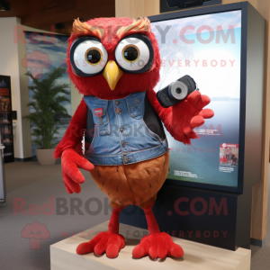 Red Owl mascot costume character dressed with a Denim Shorts and Foot pads