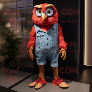 Red Owl mascot costume character dressed with a Denim Shorts and Foot pads