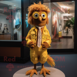 Brown Canary mascot costume character dressed with a Flare Jeans and Ties