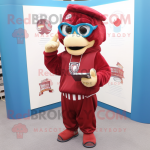 Maroon Horseshoe mascot costume character dressed with a Sweatshirt and Reading glasses