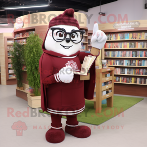 Maroon Horseshoe mascot costume character dressed with a Sweatshirt and Reading glasses