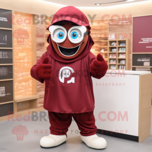 Maroon Horseshoe mascot costume character dressed with a Sweatshirt and Reading glasses