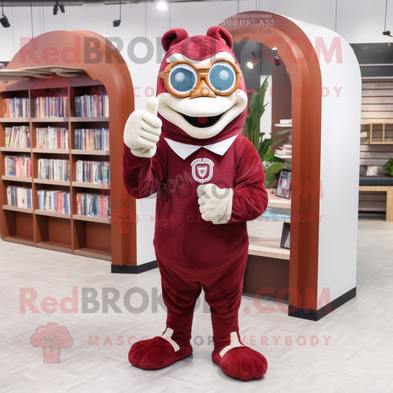 Maroon Horseshoe mascot costume character dressed with a Sweatshirt and Reading glasses Maroon Horseshoe mascot costume character dressed with a Sweatshirt and Reading glasses