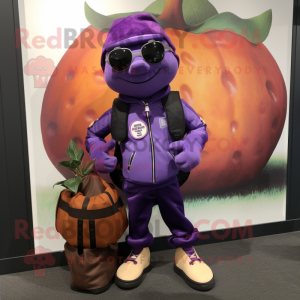 Purple Squash mascot costume character dressed with a Leather Jacket and Messenger bags