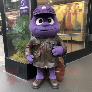 Purple Squash mascot costume character dressed with a Leather Jacket and Messenger bags