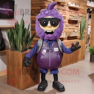 Purple Squash mascot costume character dressed with a Leather Jacket and Messenger bags