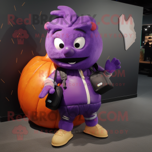 Purple Squash mascot costume character dressed with a Leather Jacket and Messenger bags