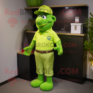 Lime Green Chief mascot costume character dressed with a Polo Shirt and Cummerbunds