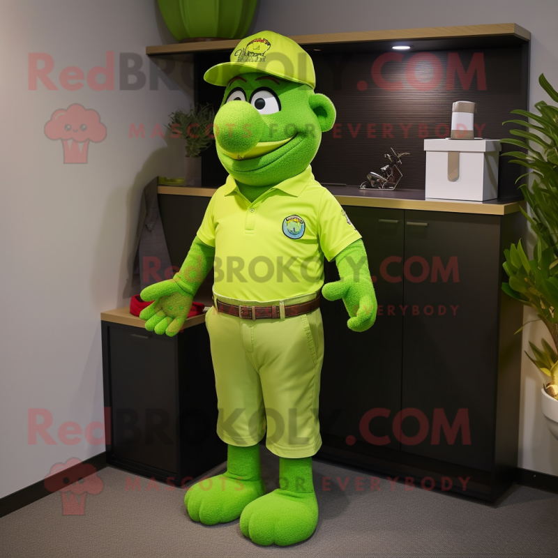 Lime Green Chief mascot costume character dressed with a Polo Shirt and Cummerbunds Lime Green Chief mascot costume character dressed with a Polo Shirt and Cummerbunds