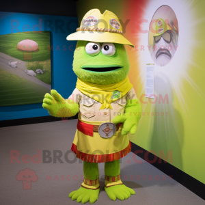 Lime Green Chief mascot costume character dressed with a Polo Shirt and Cummerbunds