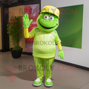 Lime Green Chief mascot costume character dressed with a Polo Shirt and Cummerbunds