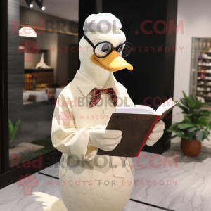 Cream Goose mascot costume character dressed with a Button-Up Shirt and Reading glasses