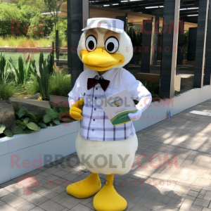 Cream Goose mascot costume character dressed with a Button-Up Shirt and Reading glasses