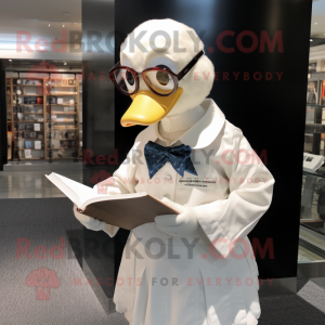 Cream Goose mascot costume character dressed with a Button-Up Shirt and Reading glasses