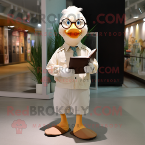 Cream Goose mascot costume character dressed with a Button-Up Shirt and Reading glasses