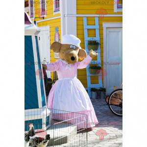 Mascotte de chien de renne marron en robe avec un tablier -