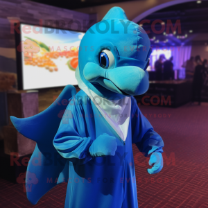 Blue Dolphin mascot costume character dressed with a Jumpsuit and Pocket squares