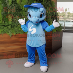 Blue Dolphin mascot costume character dressed with a Jumpsuit and Pocket squares