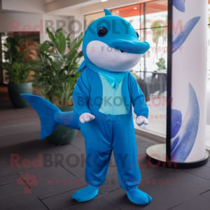 Blue Dolphin mascot costume character dressed with a Jumpsuit and Pocket squares