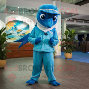 Blue Dolphin mascot costume character dressed with a Jumpsuit and Pocket squares