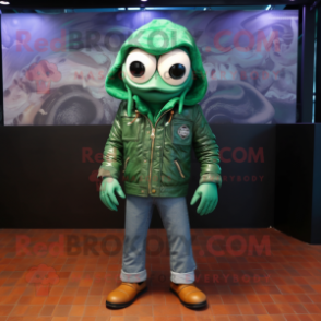 Green Fried Calamari mascot costume character dressed with a Leather Jacket and Shoe laces