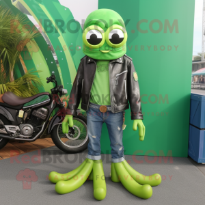 Green Fried Calamari mascot costume character dressed with a Leather Jacket and Shoe laces