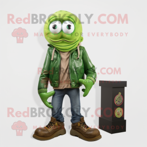 Green Fried Calamari mascot costume character dressed with a Leather Jacket and Shoe laces
