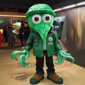 Green Fried Calamari mascot costume character dressed with a Leather Jacket and Shoe laces