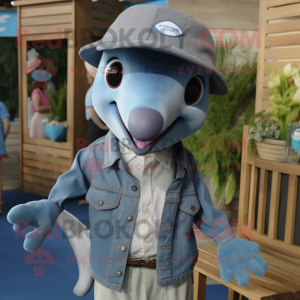 nan Dolphin mascot costume character dressed with a Chambray Shirt and Suspenders