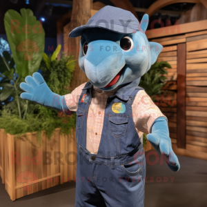 nan Dolphin mascot costume character dressed with a Chambray Shirt and Suspenders