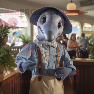 nan Dolphin mascot costume character dressed with a Chambray Shirt and Suspenders