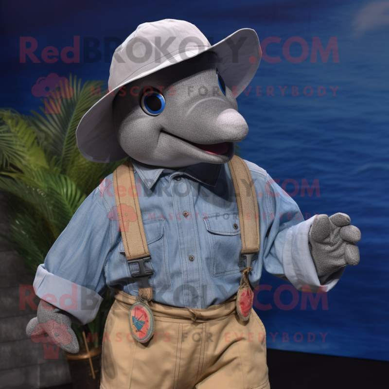 nan Dolphin mascot costume character dressed with a Chambray Shirt and Suspenders