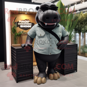 Black Hippopotamus mascot costume character dressed with a Cargo Shorts and Eyeglasses