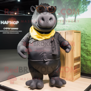 Black Hippopotamus mascot costume character dressed with a Cargo Shorts and Eyeglasses