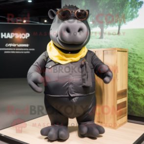 Black Hippopotamus mascot costume character dressed with a Cargo Shorts and Eyeglasses