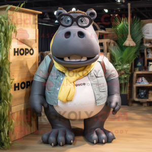 Black Hippopotamus mascot costume character dressed with a Cargo Shorts and Eyeglasses