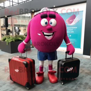 Magenta Rugby Ball mascot costume character dressed with a Dress Pants and Briefcases