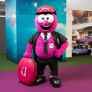 Magenta Rugby Ball mascot costume character dressed with a Dress Pants and Briefcases