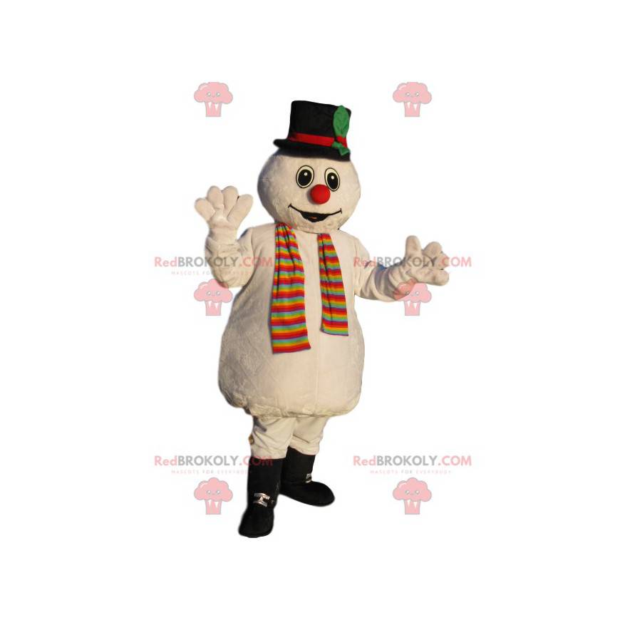 Mascotte de bonhomme de neige avec un chapeau noir -