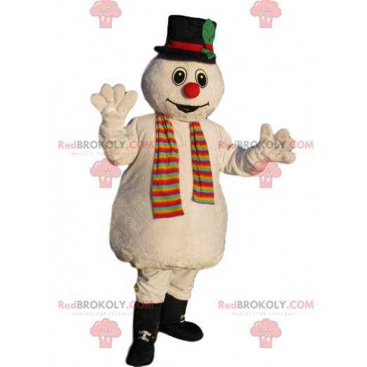 Mascotte de bonhomme de neige avec un chapeau noir -