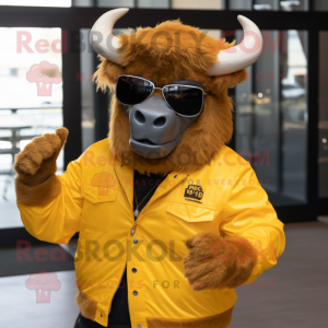 Gold Bison mascot costume character dressed with a Jacket and Sunglasses