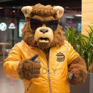 Gold Bison mascot costume character dressed with a Jacket and Sunglasses