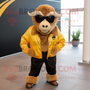 Gold Bison mascot costume character dressed with a Jacket and Sunglasses