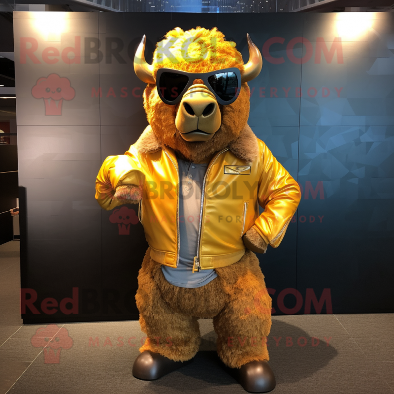 Gold Bison mascot costume character dressed with a Jacket and Sunglasses Gold Bison mascot costume character dressed with a Jacket and Sunglasses