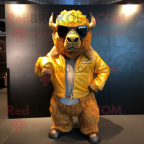 Gold Bison mascot costume character dressed with a Jacket and Sunglasses