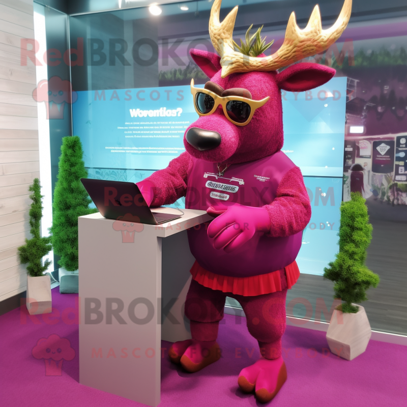 Magenta Elk mascot costume character dressed with a Shorts and Reading glasses