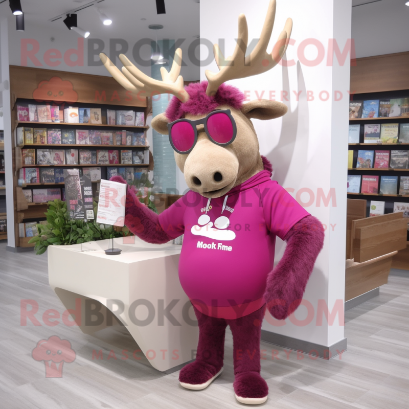 Magenta Elk mascot costume character dressed with a Shorts and Reading glasses